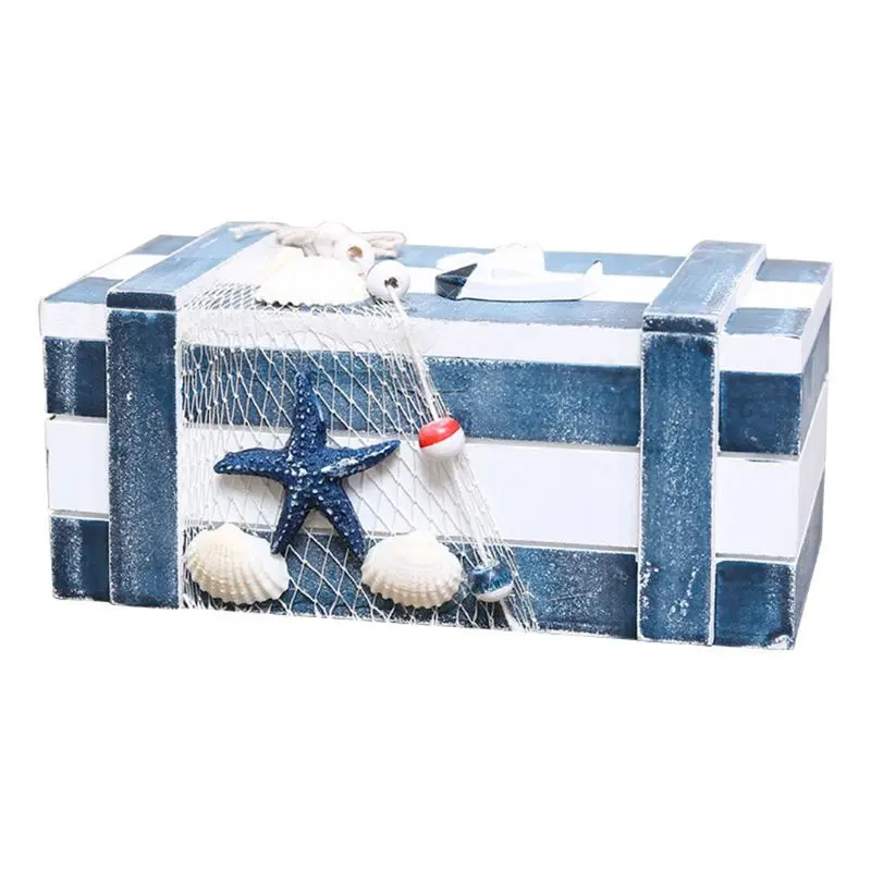 Small Light Blue Striped Wood Jewelry Box- Nautical Marine Life Bea T8WE