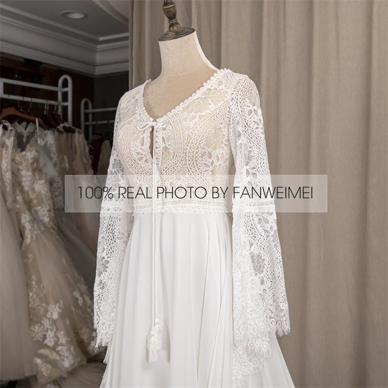 803#2021 New Design Long Lantern Sleeve Empire V-Neck Backless Small Train Beauty Backless Lace Boho Beach Wedding Dresses Women modest wedding dresses