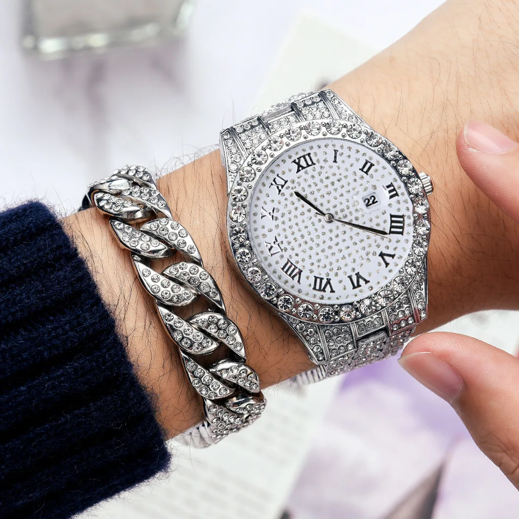 

Full Iced Out Watch + Bracelet for Men Women Couple Luxury Red Dial Green Water Ghost Gold Diamond Mens Watch Set Calendar Reloj