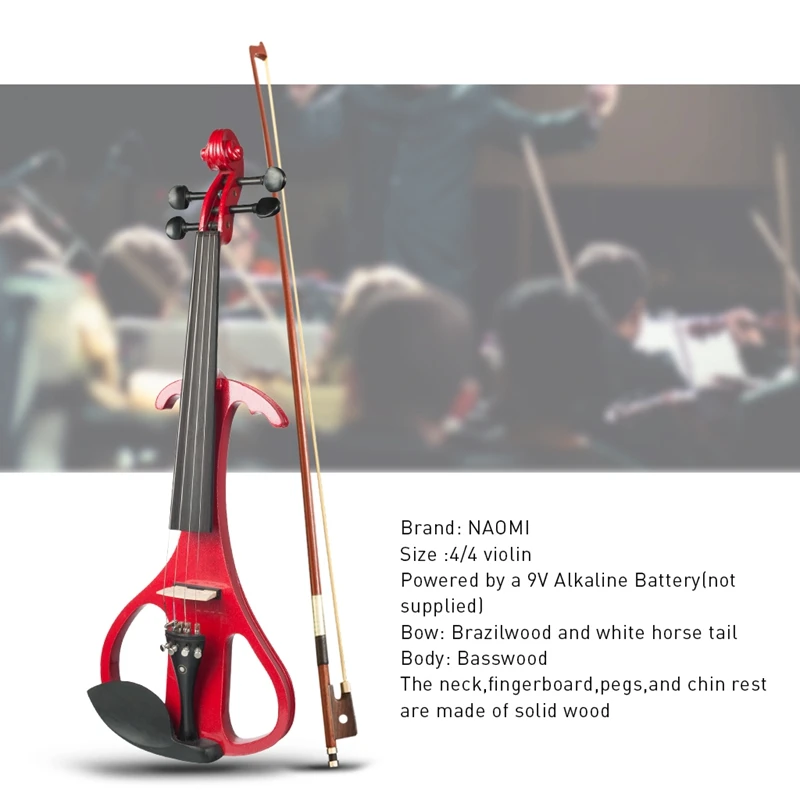 Solid Wood Electric Silent Violin 4/4 Full Size Red, Ebony Violins Accessories