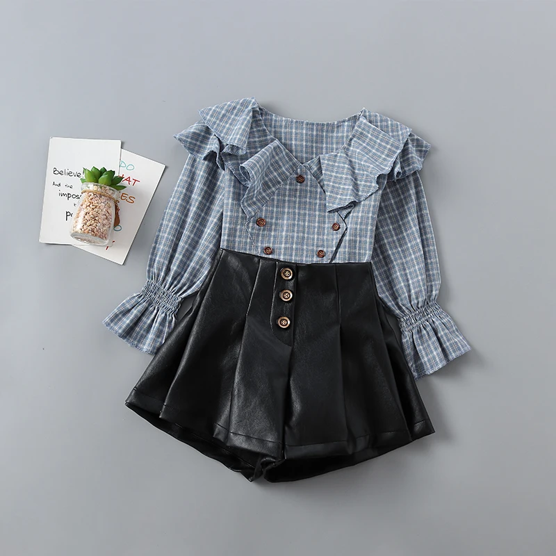 

2-7 years high quality girl clothing set 2019 new spring autumn fashion plaid shirt + leather pant kid children girls clothing