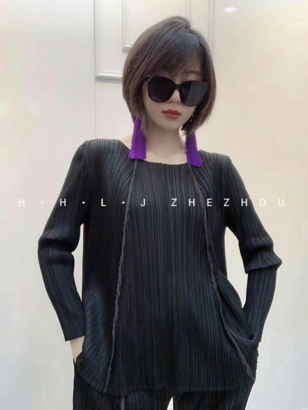 Miyake fashion suit fold o-neck long sleeve T-shirt+ nine points Harem pants two-piece outfit IN STOCK