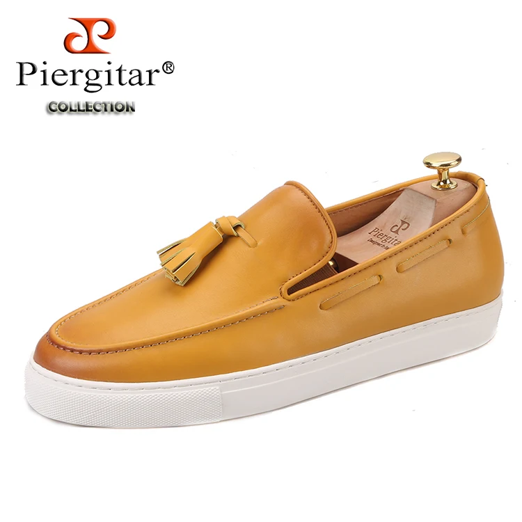 Piergitar/ новые желтые мужские кроссовки из коровьей кожи с кисточками в спортивном стиле с белой подошвой, мужская повседневная обувь - Цвет: Цвет: желтый