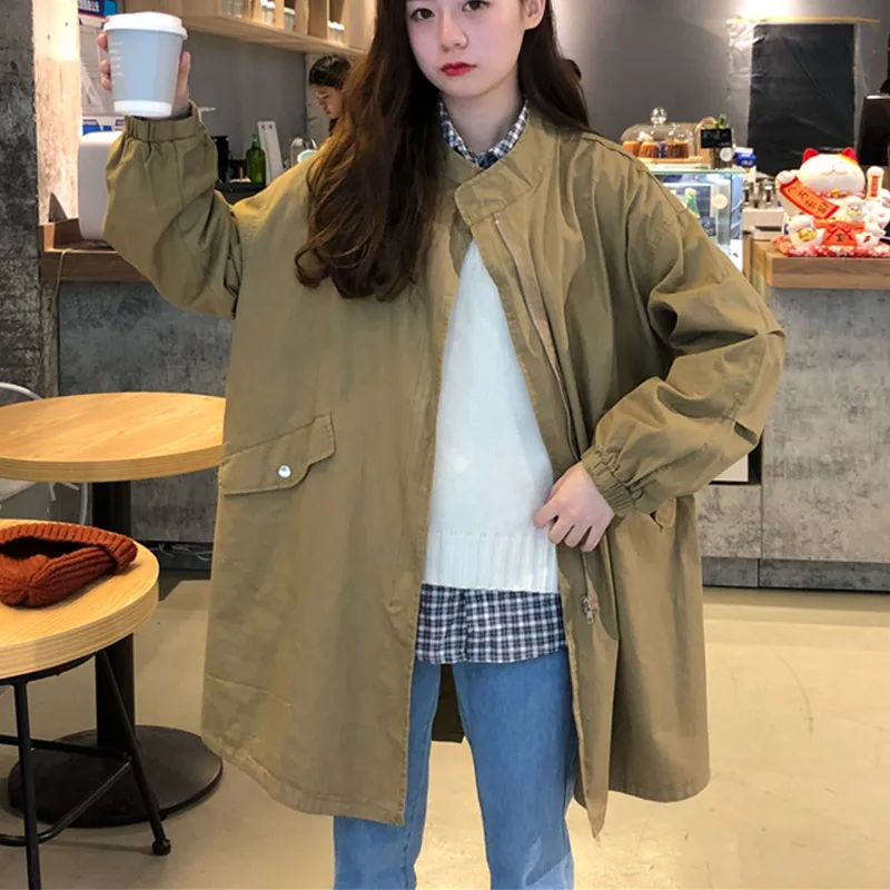 Корейские свободные женские длинные Тренч Плюс Размер простые женские пальто на молнии новая однотонная осенне-зимняя повседневная одежда