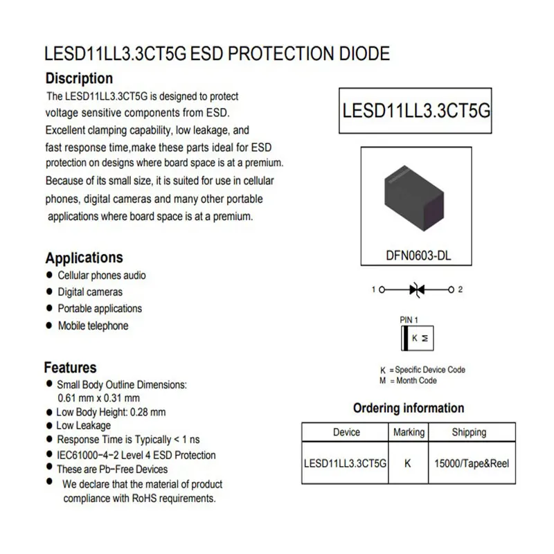 10 шт. защитные диоды LESD11LL3.3CT5G ESD маркировка: DFN0603-DL K | Электронные компоненты и