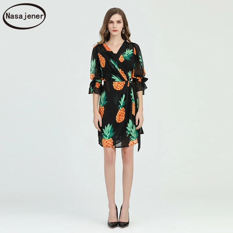 

Spring And Summer 2020 New Fashion Elegant Sexy Black Pineapple Print V-Neck Flared Sleeves Female Dress Two-Piece Set Sets Suit