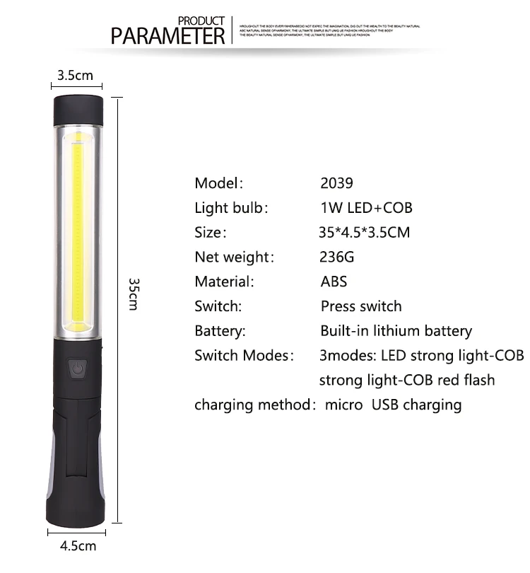 Luz de Trabalho Cob com Base 360 e 3 Luz de Inspeção de Lanterna Recarregável Magnética Rotação Modos Brilhante Led 2 recarregável cob com base magnética rotação 360