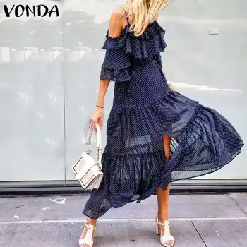 

VONDA Ruffled Long Maternity Dress 2020 Women Summer Sexy Sleeveless Strap Dot Printed Party Pregnancy Dresses Bohemian Sundress