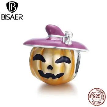 

BISAER Halloween Pumpkin Charms 925 Sterling Silver Playful Pumpkin Pendant Beads Fit DIY Bracelet Necklace For Women Jewelry