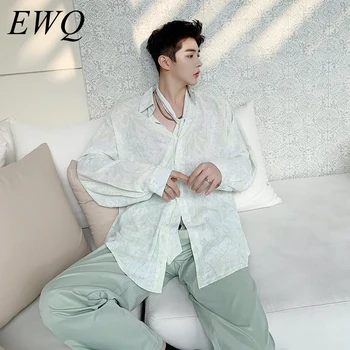 

EWQ / men's wear 2020 spring summer Tie Decoration Micro Satin Long Sleeve Shirt Tide Loose big size tops fashion new 9Y1024