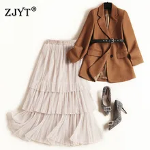 Весенняя юбка, комплект из 2 предметов, женская элегантная офисная одежда, костюм с блейзером и многослойной юбкой с оборками, комплект из двух предметов