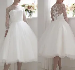 Vintage A-Line Wedding Dresses Jewel Tea Length Dot Tulle Lace Appliques Bridal Gown Vestido De Noiva Robe Mariage