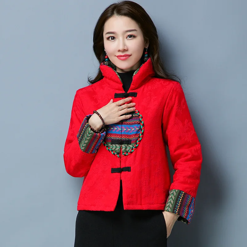 

2018 Autumn And Winter Large Size Ethnic-Style Jacquard Stand Collar Frog Joint Braided Rope Thick Cotton-padded Clothes