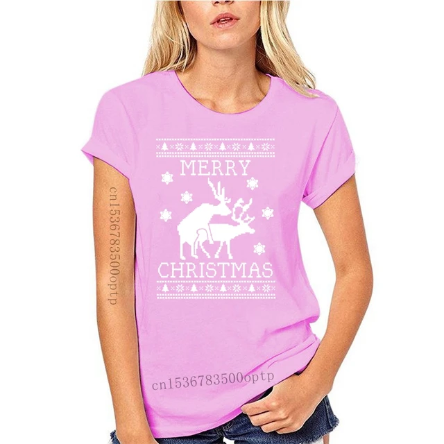 New 2021 Cotton Reindeer Humping Ugly Christmas Sweater T-Shirt Merry Xmas Party Present Gift Short-Sleeve T-Shirt Pink