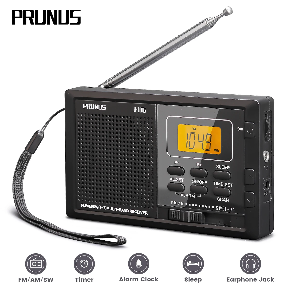 PRUNUS Radio portátil J116, minireceptor de radio FM AM SW de 9 bandas
