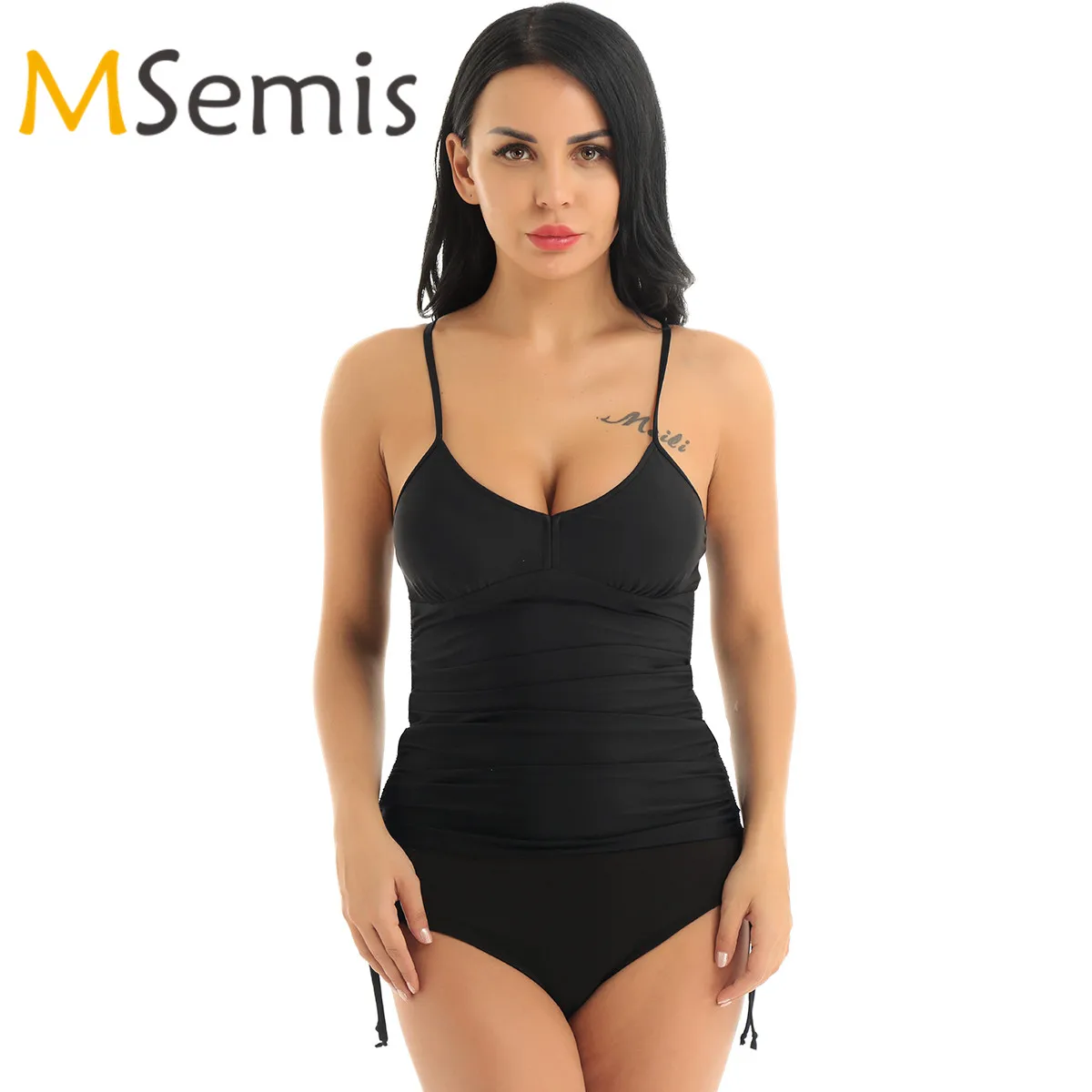 Женский купальник топ с v-образным вырезом регулируемый Топ для плавания на тонких бретелях спереди гофрированный без косточек Мягкий купальник Танкини Топ