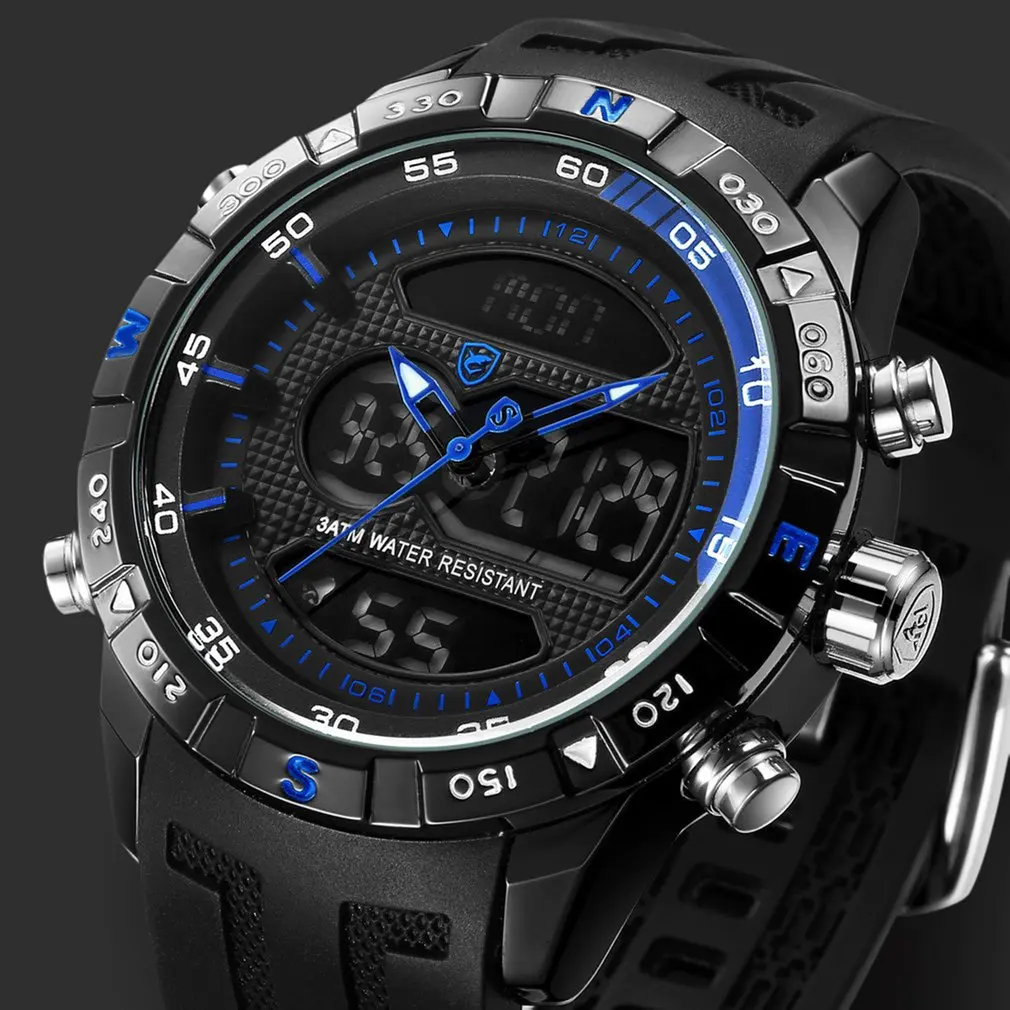 Hooktooth SHARK Sport Watch for Men Double Movement Chronograph Alarm LCD Male Clock 3ATM Water Resistant Black Stopwatch /SH596 - Цвет: Blue SH600