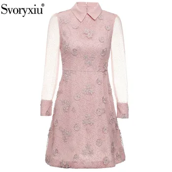 

Svoryxiu Designer Fashion Summer Pink Dress Women's Transparent Mesh Sleeve Flower Embroidery Applique Party Short Dresses
