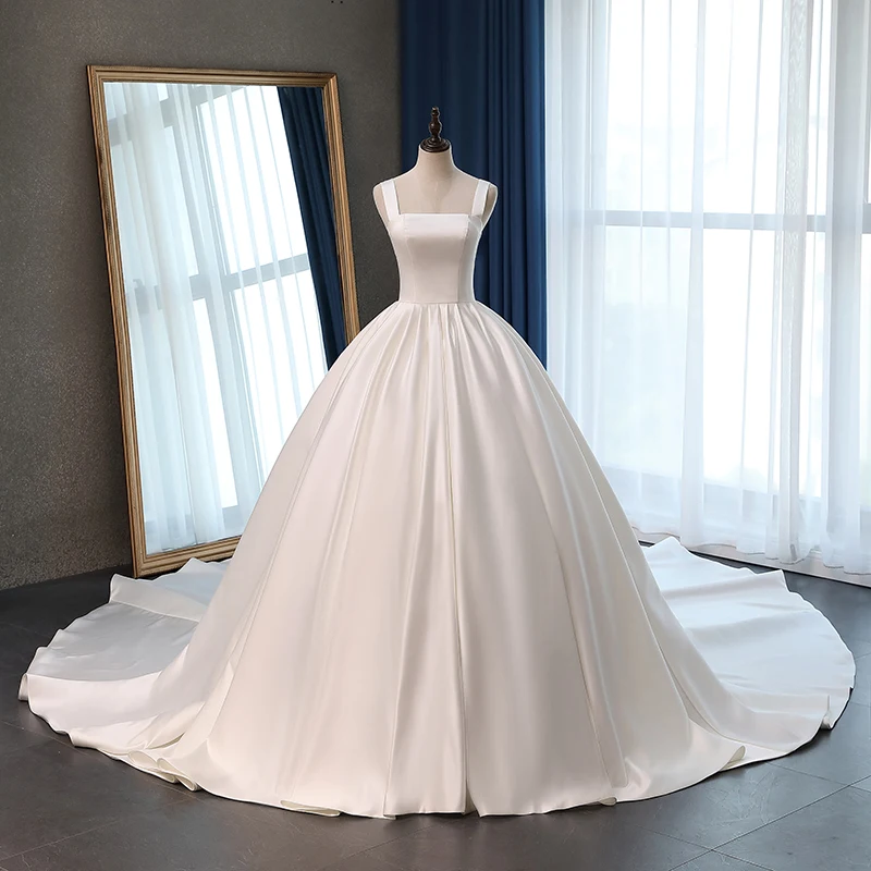 Fansmile, сатиновое платье на тонких бретельках, Vestido de Noiva, Элегантное свадебное платье,, длинный шлейф, свадебные бальные платья размера плюс, индивидуальные FSM-074T