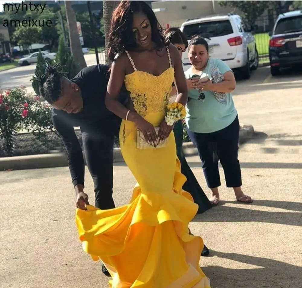 

2019 South African Black Girls Sexy Prom Dresses Yellow Cheap Mermaid Formal Evening Party Gowns Plus Size Prom Dress Elegant
