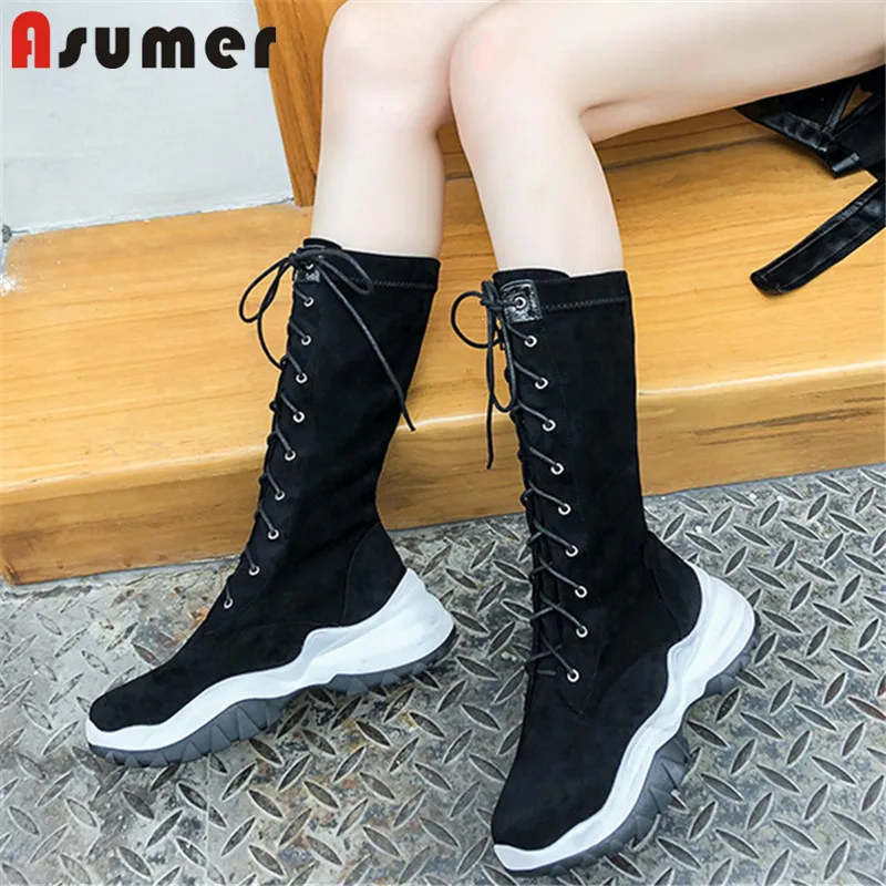 

ASUMER 2020 new arrival mid calf boots women flock lace up autumn flat platform boots comfortable fashion casual shoes ladies