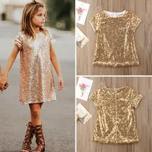 Летние Хай-стрит для малышей и детей постарше платье из золотых пайеток для девочек, прямое платье вечерние бальные платья принцессы, одежда короткий рукав детский костюм