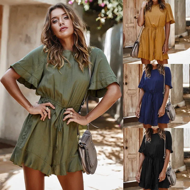 

Women High Waist Drawstring Solid Color Ruffled Short Sleeve Jumpsuit Round Neck Short Pants Female Sexy Holiday Beach Rompers