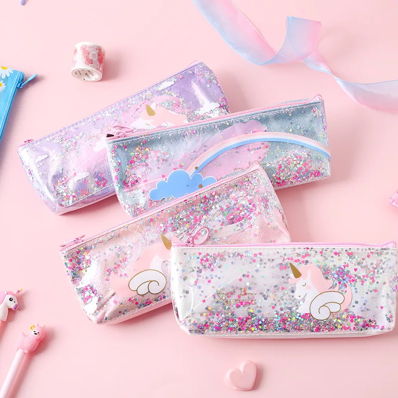 

Kawaii Unicorn Rainbow Sequin large Pen Case Creative PVC Pencil box Cute Pencil Bag For Kids Gift School Supplies Pencilpouch