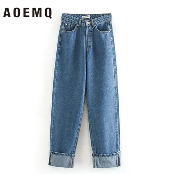 

AOEMQ Casual Sport Jeans Denim Blue Soft Stright Jeans Button Breasted High Waist Jeans with Pockets Relax Women Buttoms