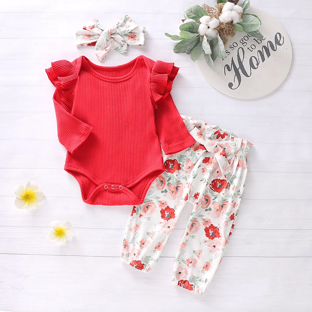 

Kids Clothing Set Infant Baby Girls Ruffles Solid Romper Bodysuit+Floral Pants+Headband Outfits Girls Costume Clothes Set M50#