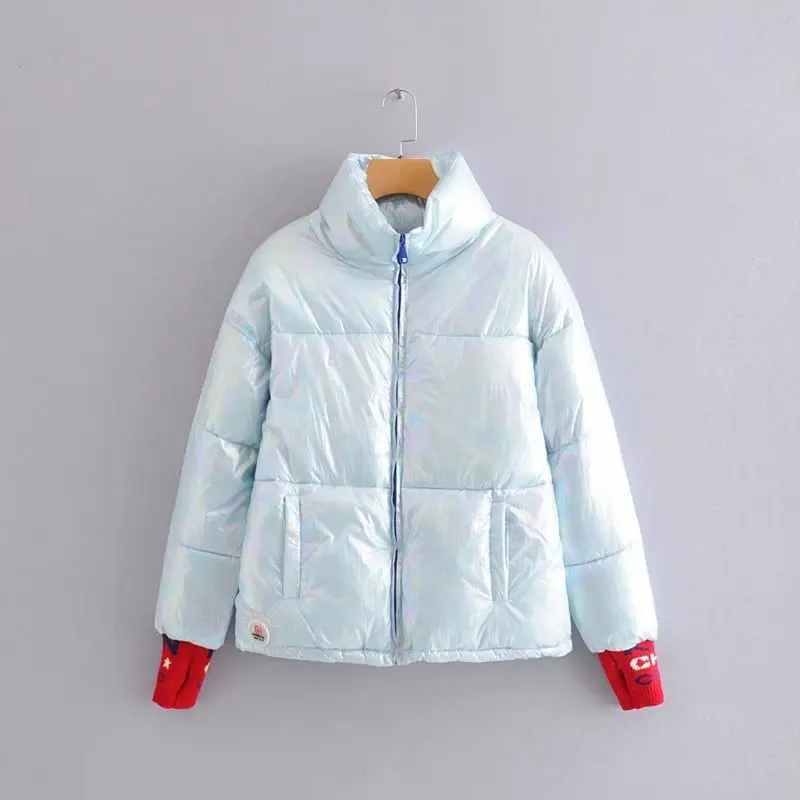 

Korean-style WOMEN'S Wear 2019 Winter New Style Stand Collar Cuff Lettered Knitted Joint Cotton Overcoat Women's
