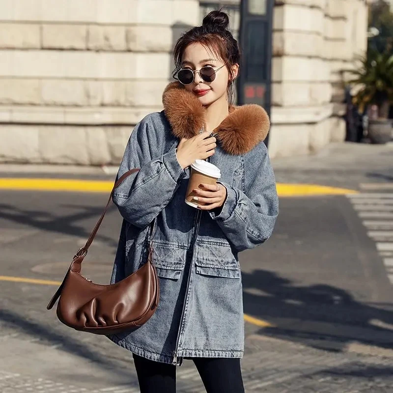 

Autumn Winter Plus Velvet Denim Jacket Womens 2023 New Korean Casual Wild Cotton Coat Parka Female Long Hooded Jacket Parkas