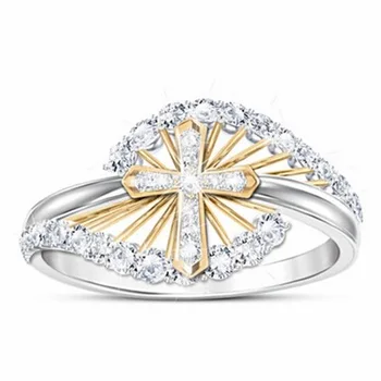 

2019 Female Luxruy Rhinestone Cross Rings Two-Colored Christ Jesus Light of Faith Ring For Women Wedding Party Gift