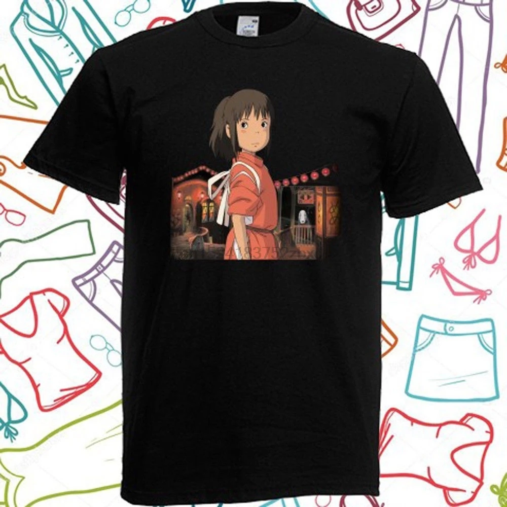 Summer New 1Spirited Away Miyazaki Anime Black Vogue Printing Men's Fashion Short T-shirt Casual Tops |