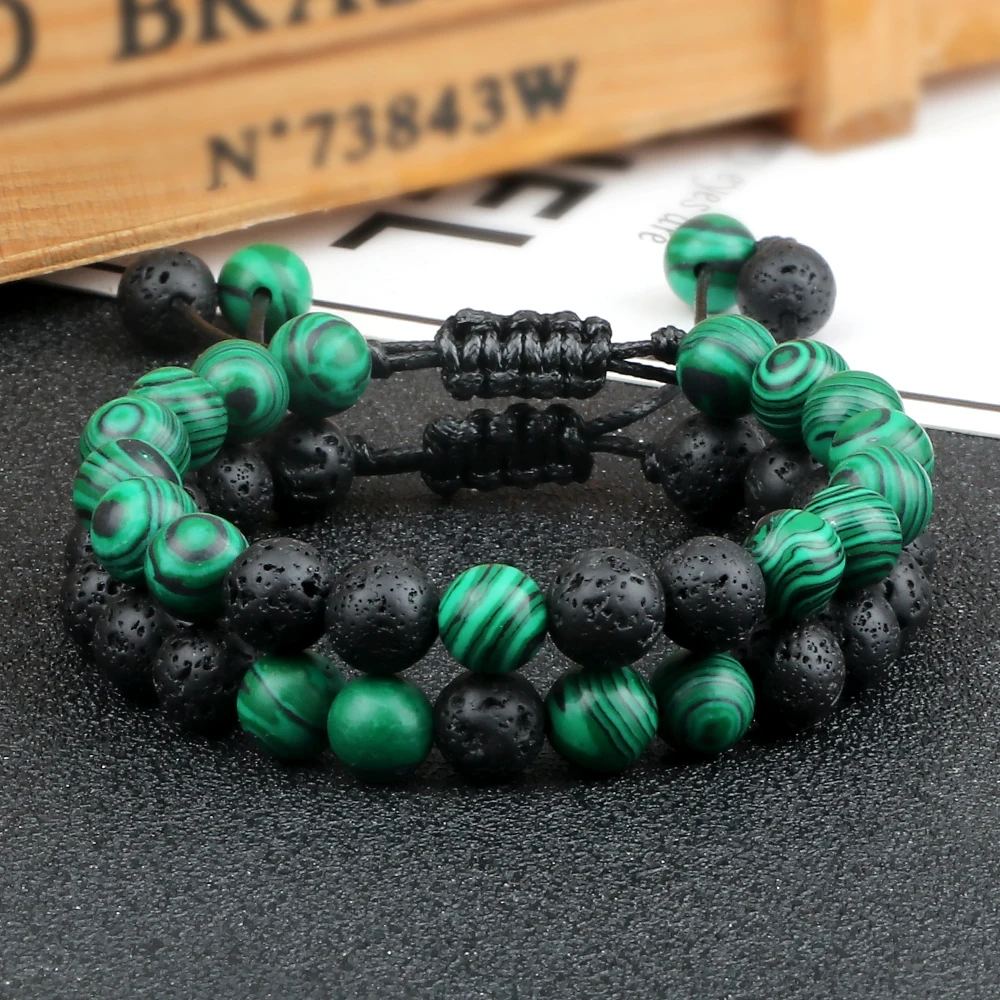 Stone Bead Bracelet 8mm Men Black Lava Beads Tiger Eye Adjustable Braided Rope Couple Women Yoga Healing Jewelry