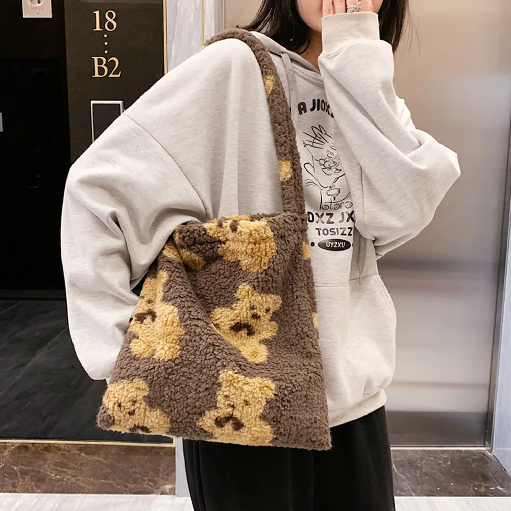 Fashion Exquisite Shopping Bag Cute Bear Print Top-handle Bag Female Autumn Fashion Plush Tote Shoulder Handbag