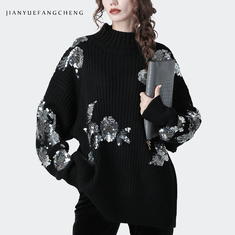 

Fashion Bling Sequined Black Sweater Women Warm Thicken Knitted Fluffy Sweaters Long Bat Sleeved Over Sized Winter Pullover