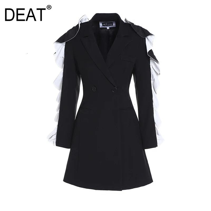 

[DEAT]2020 Spring New Fashion Black Solid Button Pockets Hit Color Ruffles Long Sleeve Casual Turn-down Collar Women Coats RA150