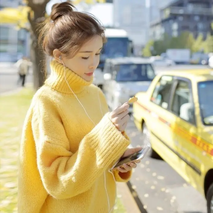 Свитер с высоким воротом женский осенне зимний новый Однотонный свитер в