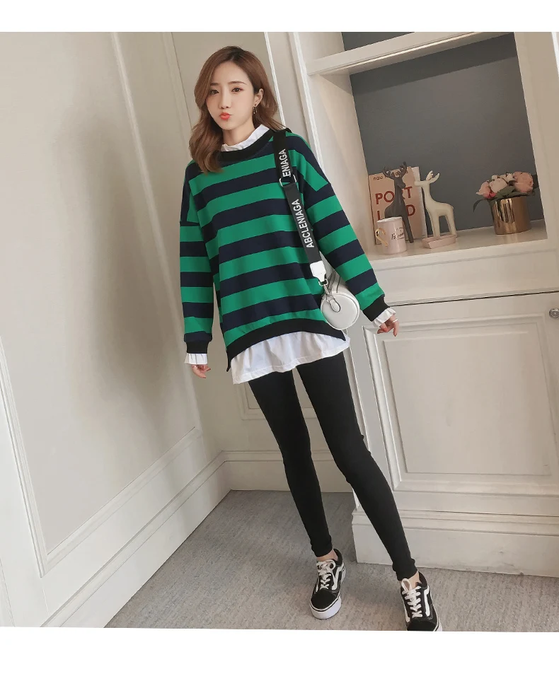 Autumn Fashion Straiped Maternity Sweatshirt Korean Casual Loose Fake two pieces Pregnancy Sweatshirt Clothes for Pregnant Women
