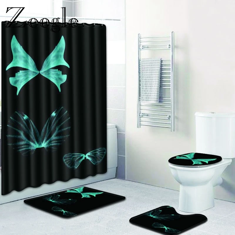 Zeegle Shower Mat Set with Bath Curtain Pedestal Rug Lid Toilet Cover Mat Anti-slip Bath Mat Set Bathroom Curtain with 12 Hooks