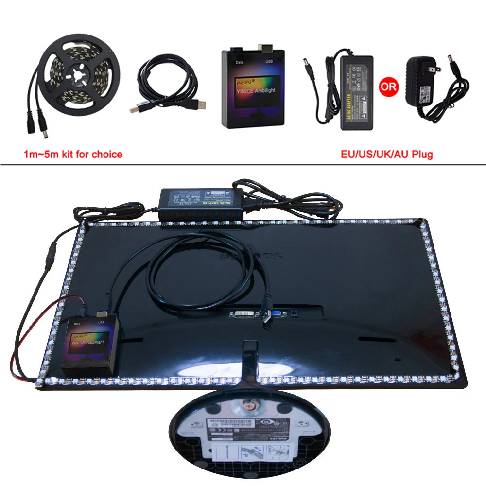 Светодиодная лента easy DIY Ambilight RGB WS2812B полный комплект для телевизора настольного