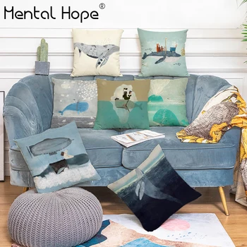 

Cartoon Printed Linen Cotton Decorative Cushion Cove Whale Pattern Sofa Pillow Cover Home Decor Living Room Square Pillowcase