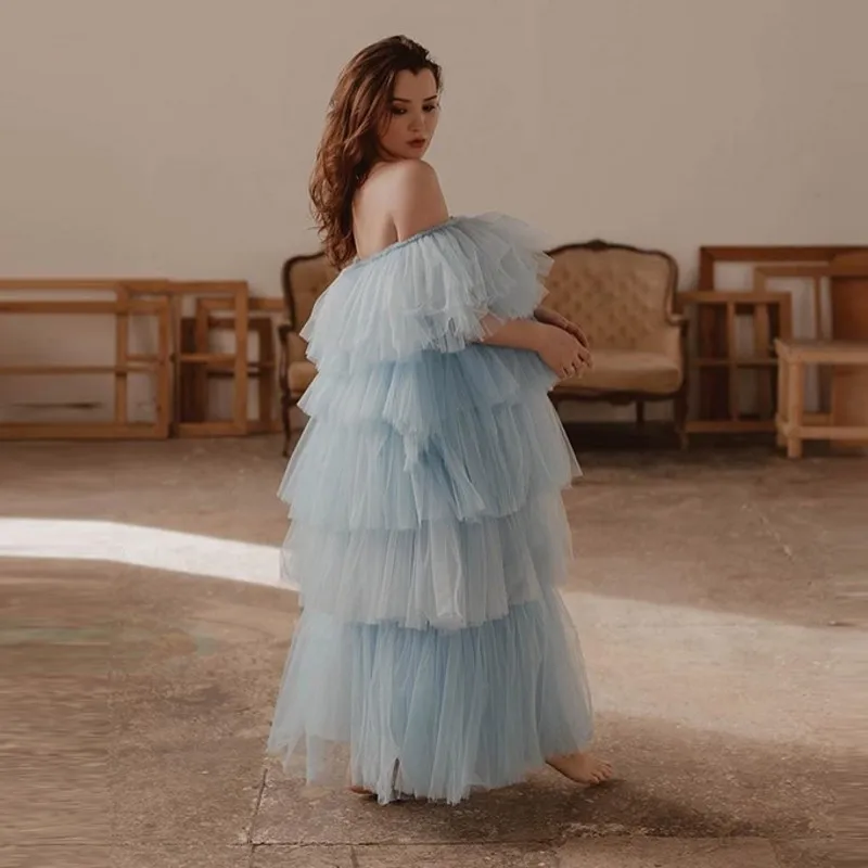 

Light Blue Long Tulle Women Dresses Strapless Vestido De Mulher Tiered Tulle Elastic Spring Dresses Yong Girl Women Party Wear