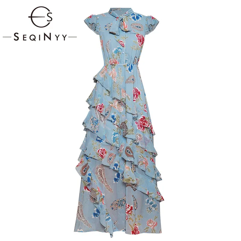 

SEQINYY vintage Dress 2020 Summer New Fashion Design Women Cascading Ruffle Short Sleeve Flower Print Ankle-Length Chiffon Dress