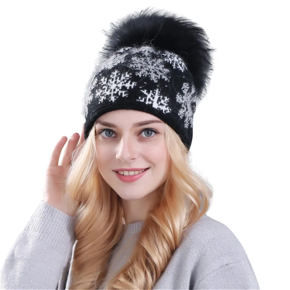 B new Thick Wool Pom Pom Winter Hat Female Hat Leather Natural Fur Fashion Warm Knit Women Winter Beanie Bean Hat 30H - Цвет: B