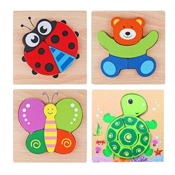 

Children's Wooden Animal Puzzle 4 Pieces, Three-Dimensional Puzzle, Cute Animal Shape, Bright Colors