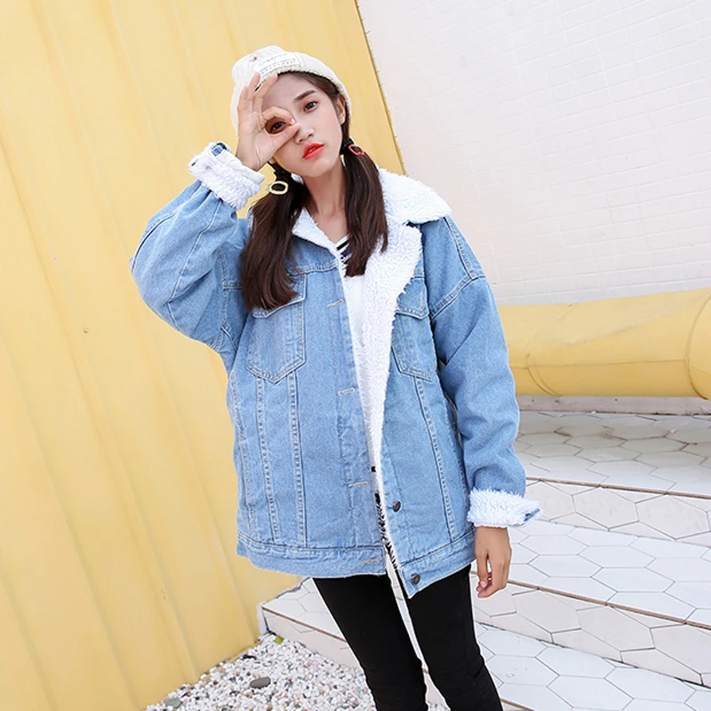 Denim Winter Jacket Coat Women Long Sleeve Casual Turn-down Collar Lambswool Jackets Warm Coats Female Outwear
