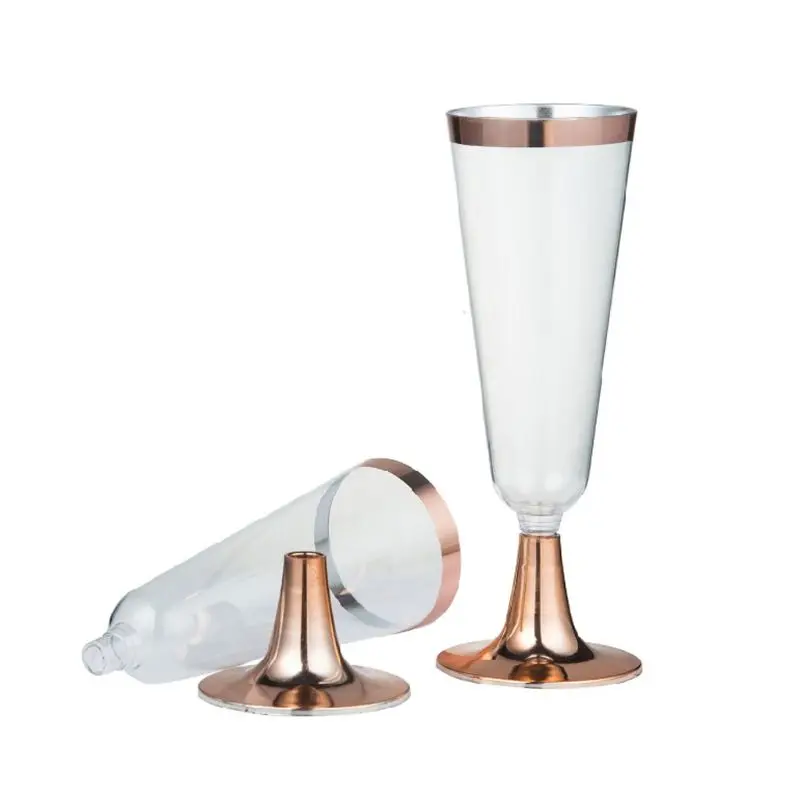 

High Quality 150 ml Plastic Rose Gold Rimmed Clear Hard Disposable Party Wedding Cups Premium Fancy Champagne Glasses flutes