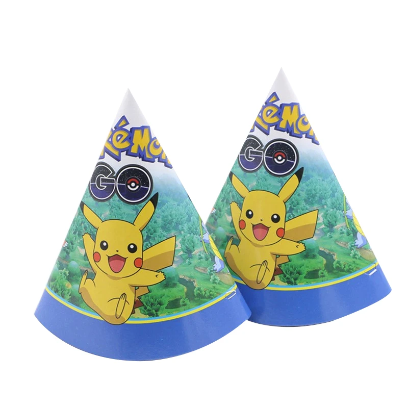 Hat-6pcs Pokemon Birthday Party Supplies Tableware Set Party Paper Plates Cup Napkins Pokemon Party Balloon Decorations Hats Flags Candle - Color: Hat-6pcs